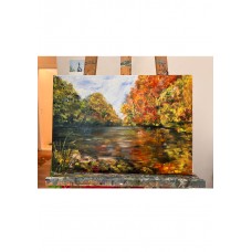 Autumn landscape, Aydar River, Forest, Original oil painting on canvas. Ukrainian art, artist Marina Stognieva